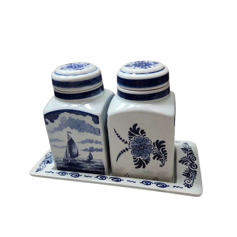 Delft Blue Canister Pair Handmade  Holland Vintage Kitchen Spice Jars Windmill